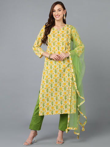 Women's Cotton Blend Ochre Yellow Printed Straight Kurta With Pant -Ahika |  Stylish dresses, Kurta with pants, Women salwar suit